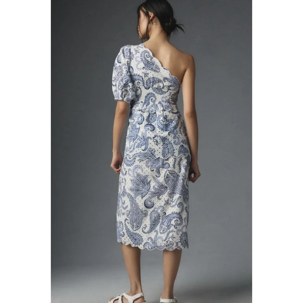 Farm Rio $258 One Shoulder Eyelet Midi‎ Dress White Blue Asymmetric Boho Resort